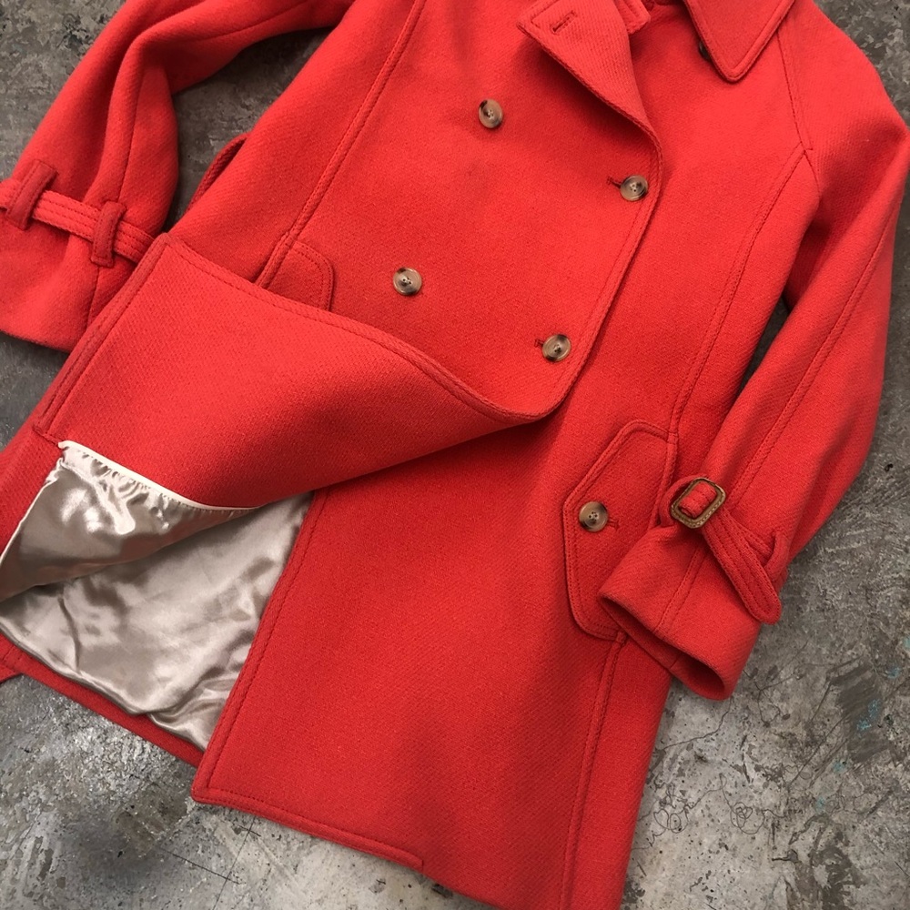 J Crew Trench Coat Stadium Cloth Orange Red Wool - Picture 6 of 8